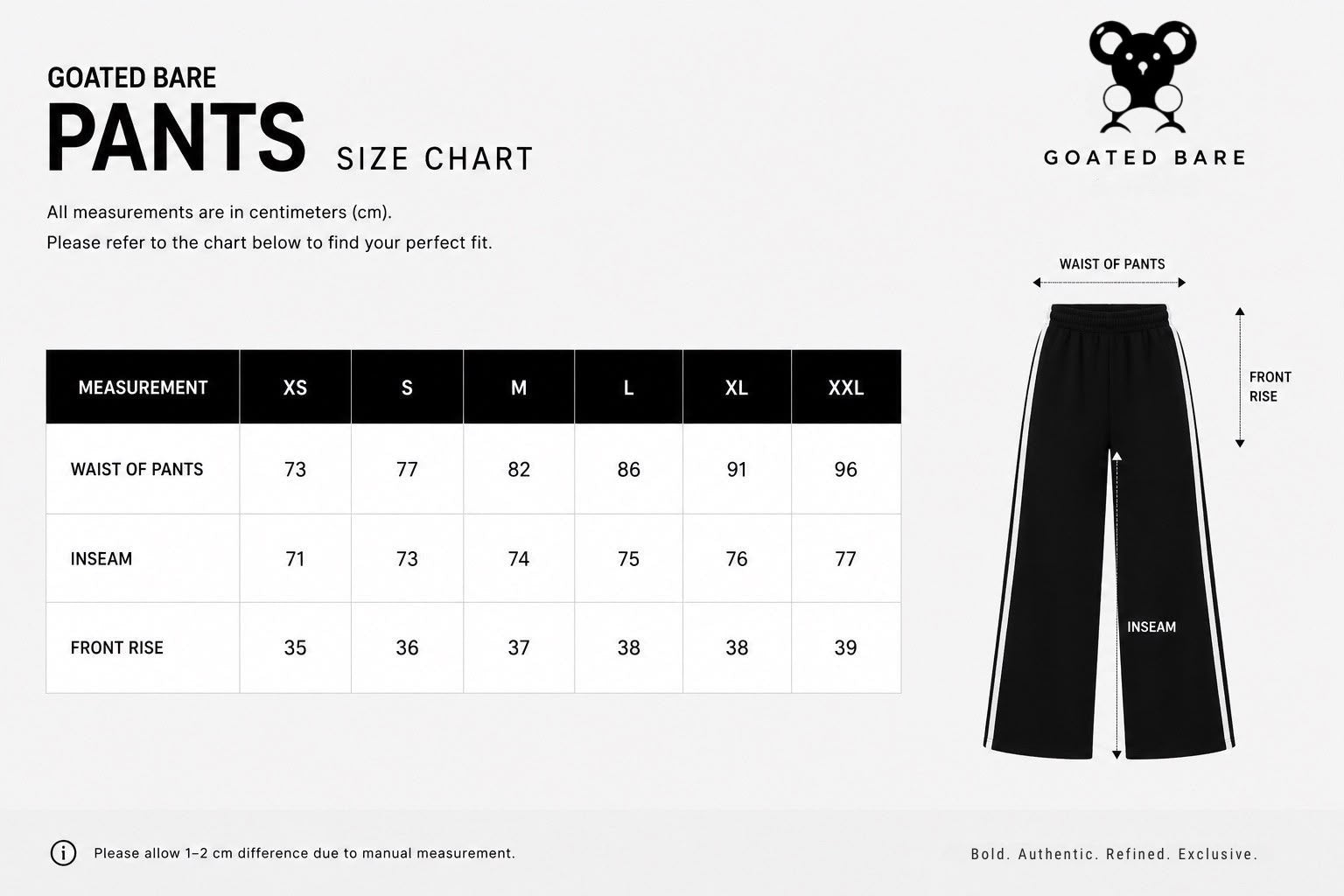 track suit pants size chart